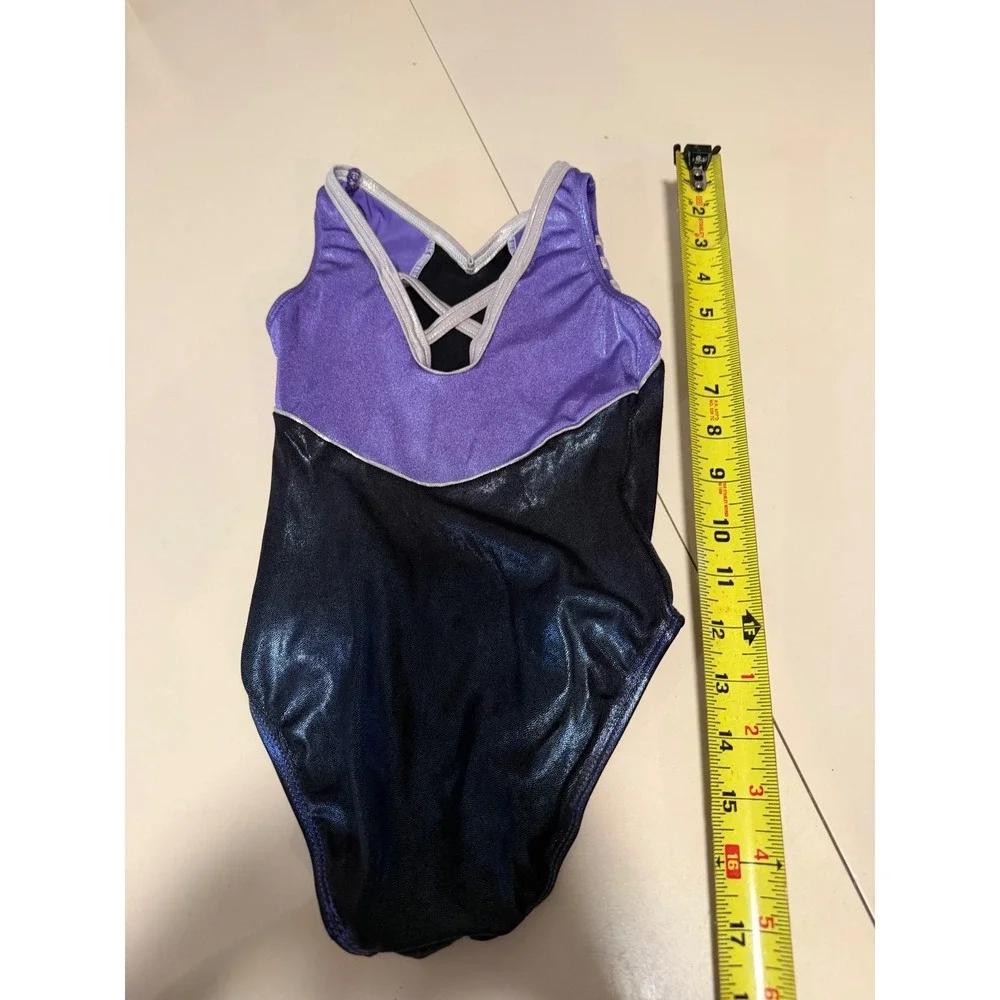 Adidas GK Elite Gymnastics Leotard Kids Black Purple Metallic Shimmer Strappy
